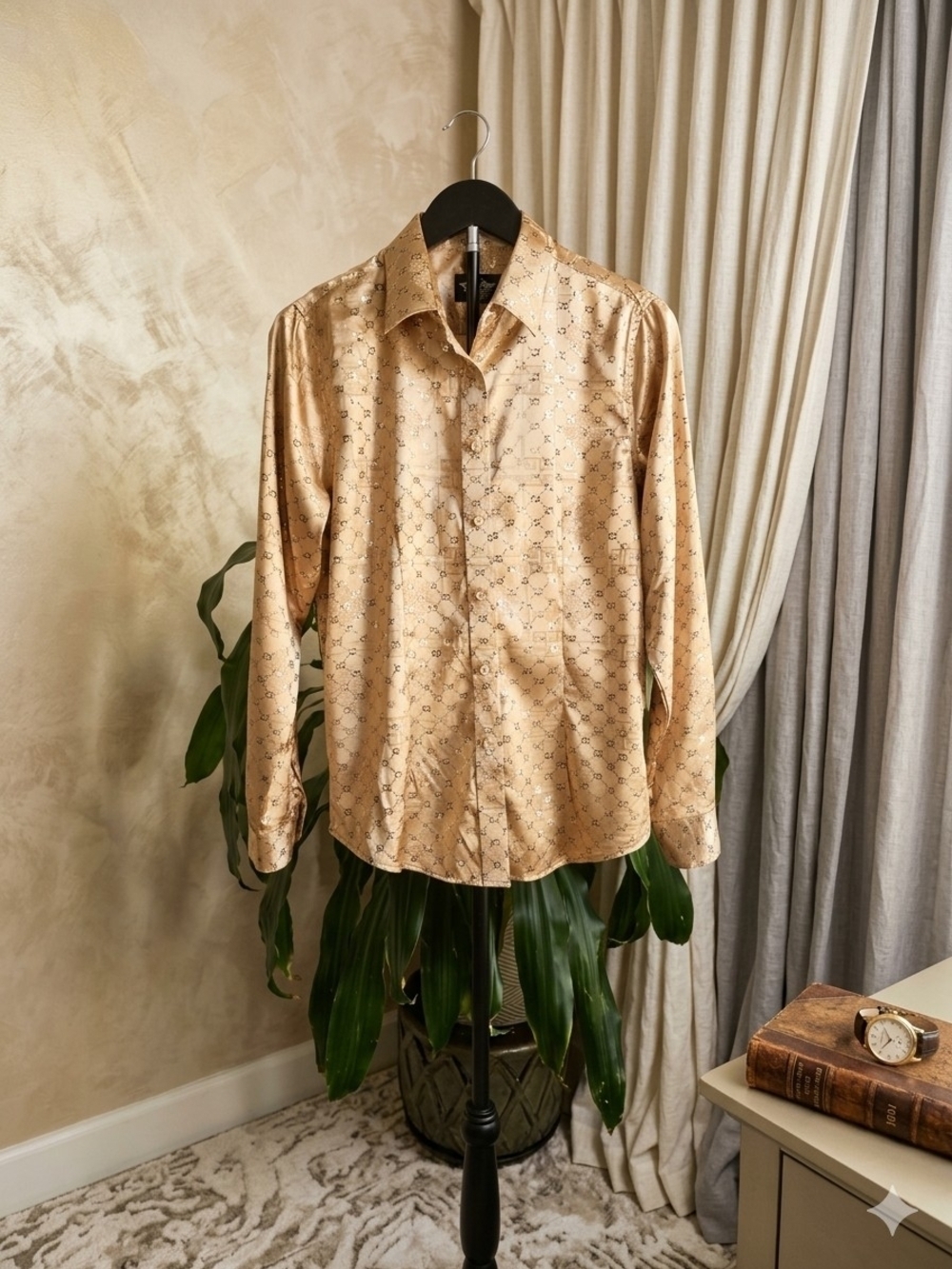 ​Valur 1901 Gold Metallic Patterned Button Down Shirt Medium